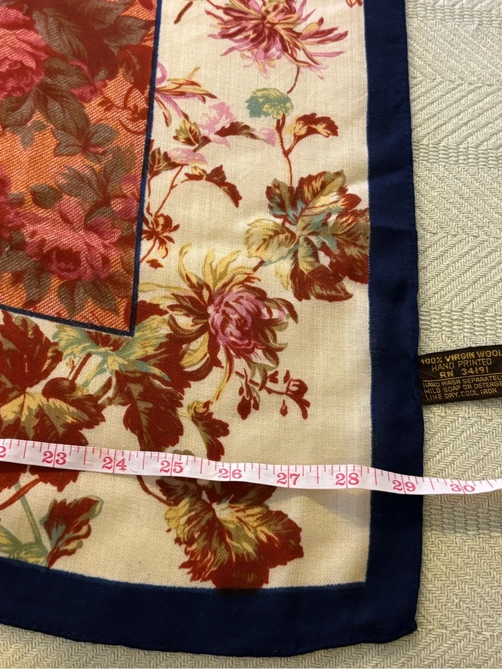Vintage 100% virgin wool hand printed scarf made in Japan RN 34191 mid century.